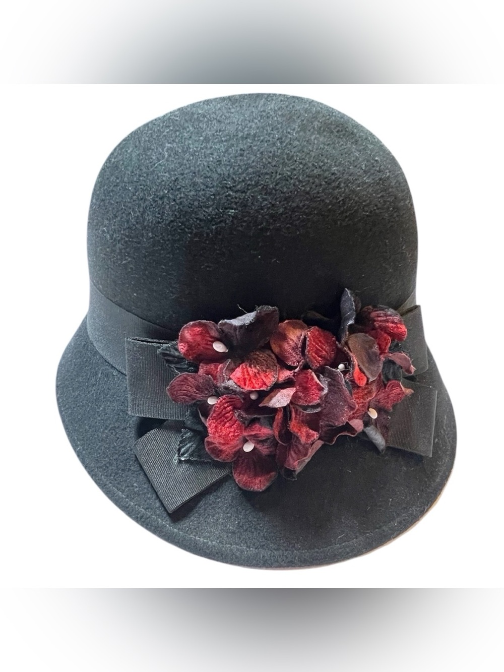 Toucan Collection felted wool black cloche hat with red floral detail-OS